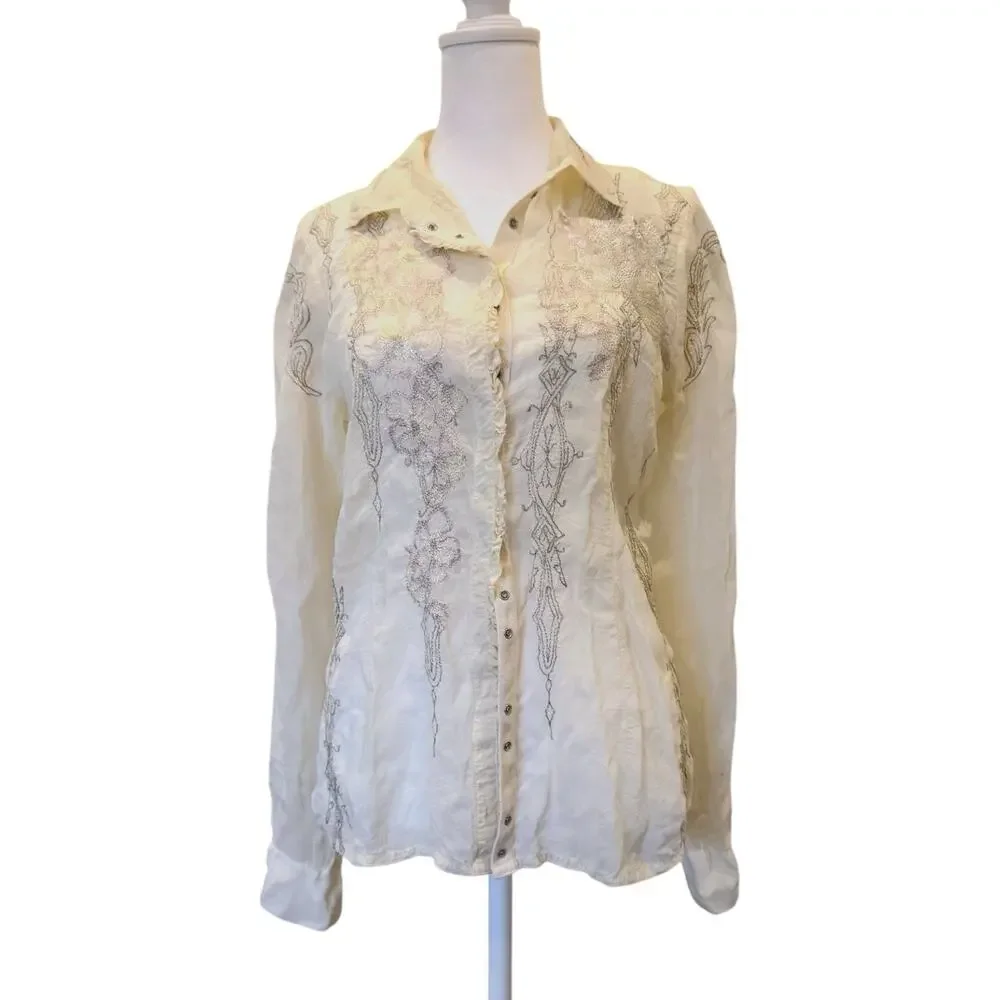 JOHNNY WAS Cream Silk Embroidered Crinkle Button-Down Blouse Medium EUC - Picture 2 of 5